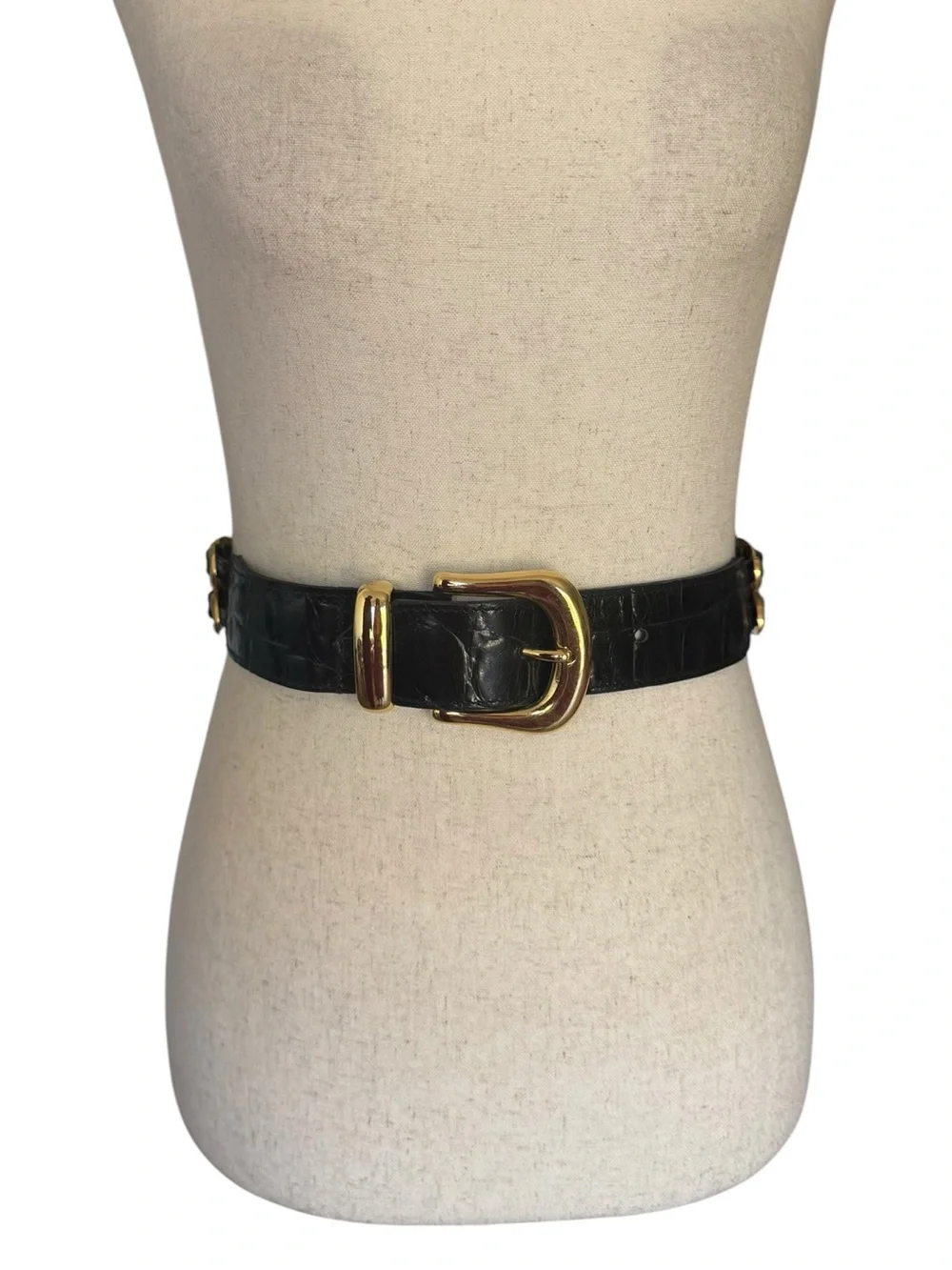 Vintage 90s Avignon Black Croc Embossed Leather Belt with Gold Safety Pin Design